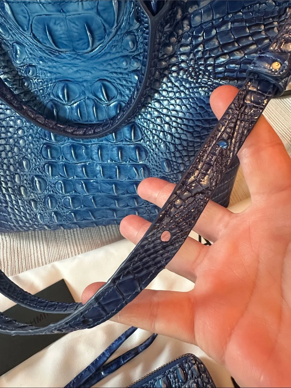 Brahmin large Duxbury blue with silver sheen mixed in  bag&wallet set
